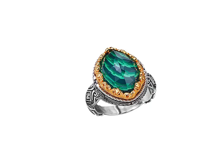 SEMI-PRECIOUS MALACHITE ANTIQUE SILVER RING 925