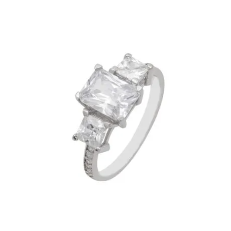 9K White Gold Three-Stone Ring – Emerald & Square-Cut Cubic Zirconia Design