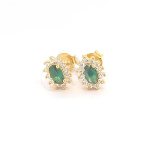 OVAL GREEN ROSETTE EARRINGS STUDS GOLDPLATED SILVER 925