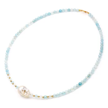 AQUAMARINE NECKLACE WITH PEARL 14 CARAT GOLD