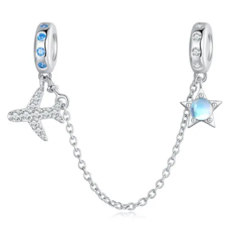SAFETY CHAIN PLANE & STAR CHARM PENDANT SILVER 925
