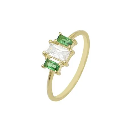 THREE STONE RADIANT CUT GREEN 9 CARAT GOLD