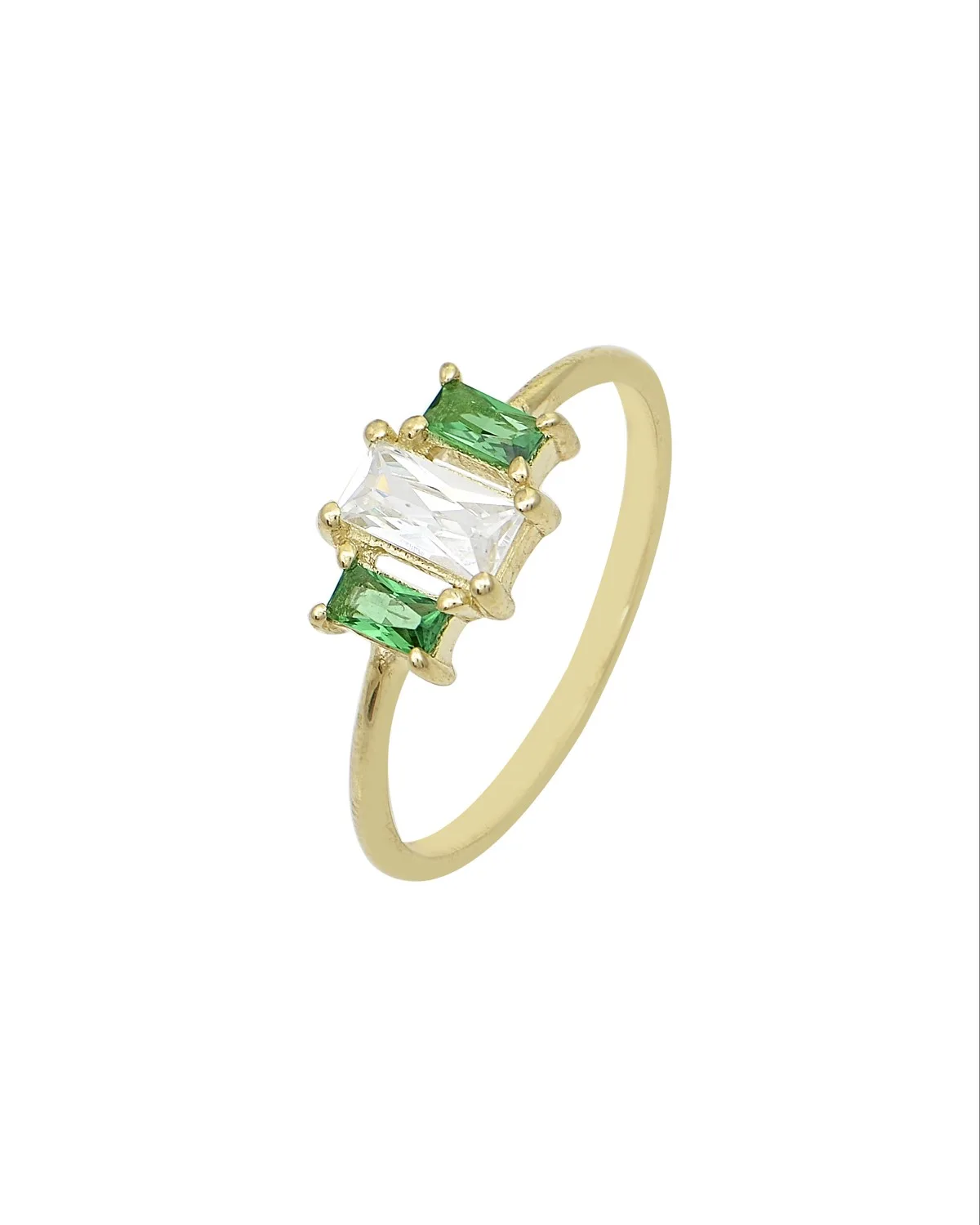THREE STONE RADIANT CUT GREEN 9 CARAT GOLD