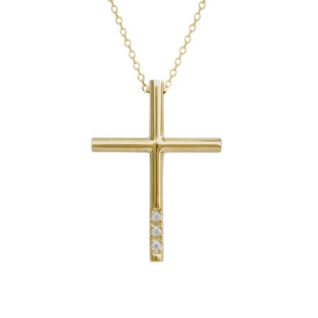 14K Gold Cross Necklace with Three Bottom Stones – Delicate Radiant Elegance
