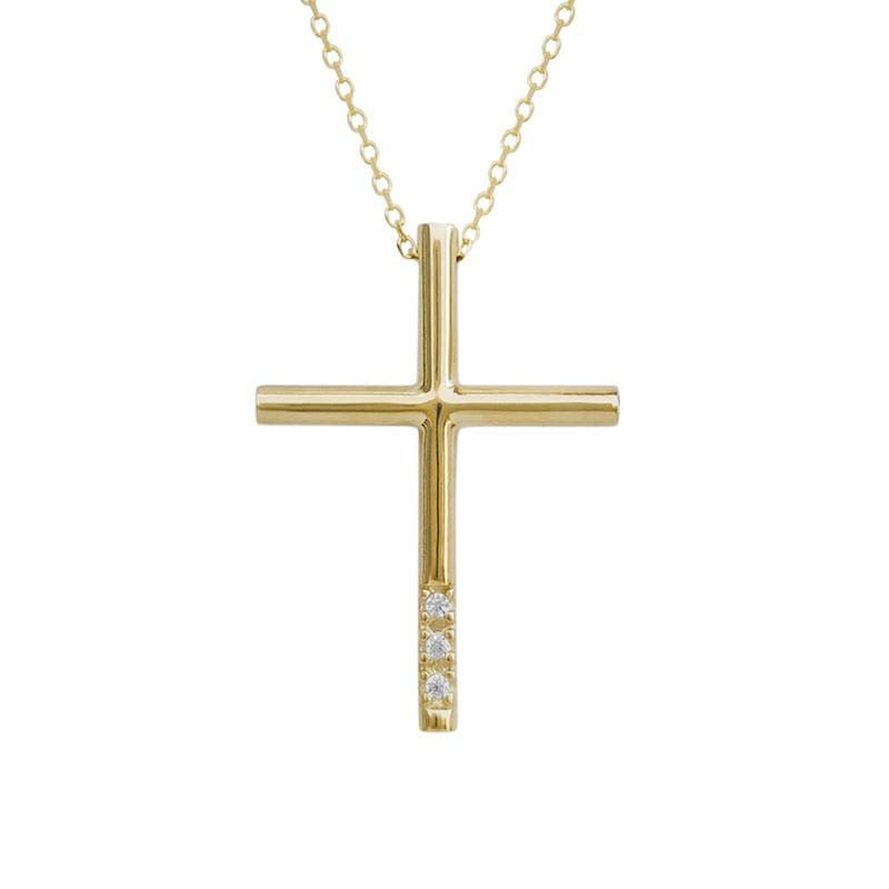 14K Gold Cross Necklace with Three Bottom Stones – Delicate Radiant Elegance