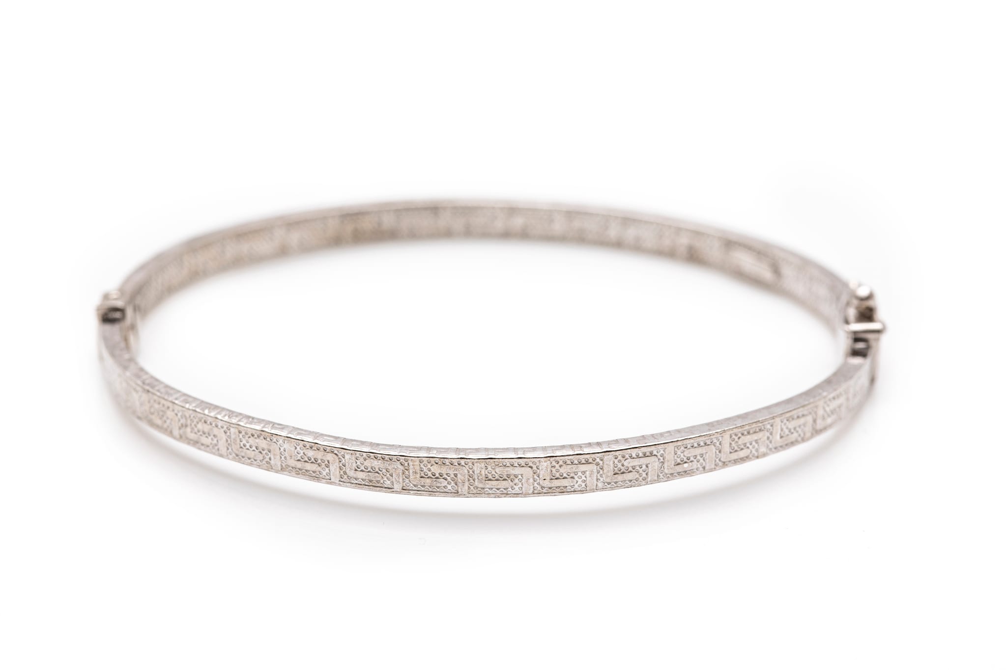 925 Silver Greca Bangle Bracelet with Embossed Pattern & Safety Clasp – Timeless Minimal Elegance