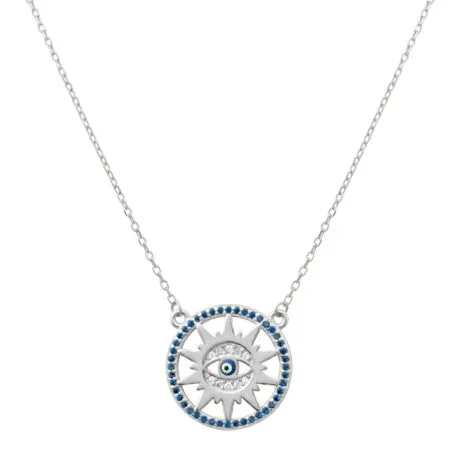 Silver 925 Sun Eye Necklace with Blue Zirconia Circle – Celestial Protection Elegance
