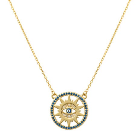 Goldplated Silver 925 Sun Eye Necklace with Blue Zirconia Circle – Radiant Protective Elegance