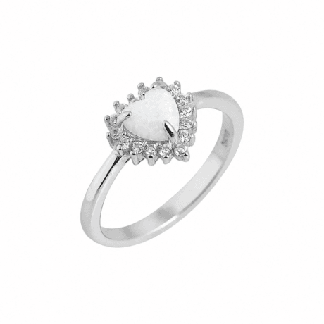 Heart White Opal Ring with Cubic Zirconia Halo Silver 925