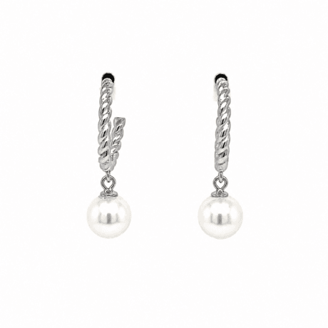Pearl Drop Earrings with Twisted Double Hoop Design Silver 925