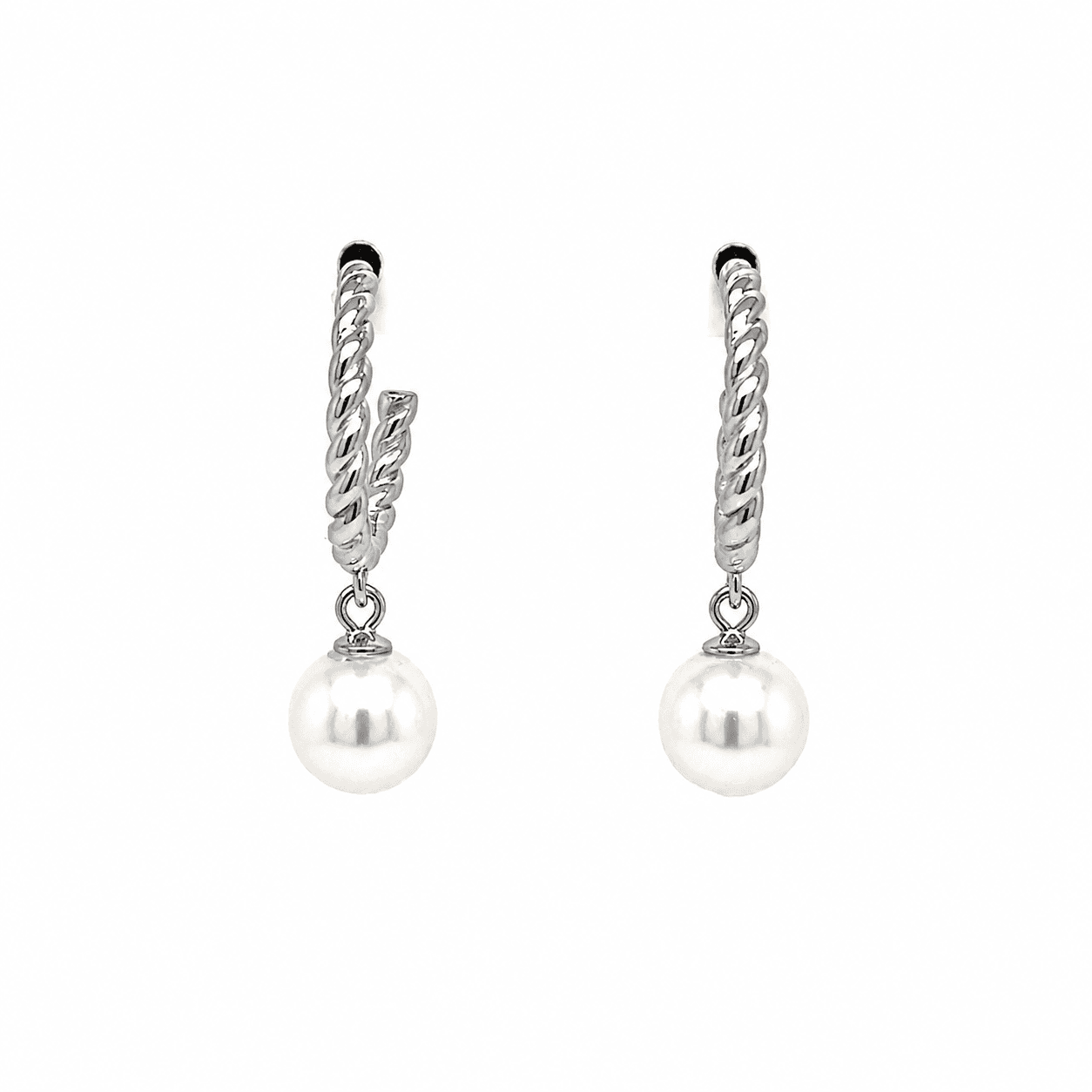 Pearl Drop Earrings with Twisted Double Hoop Design Silver 925