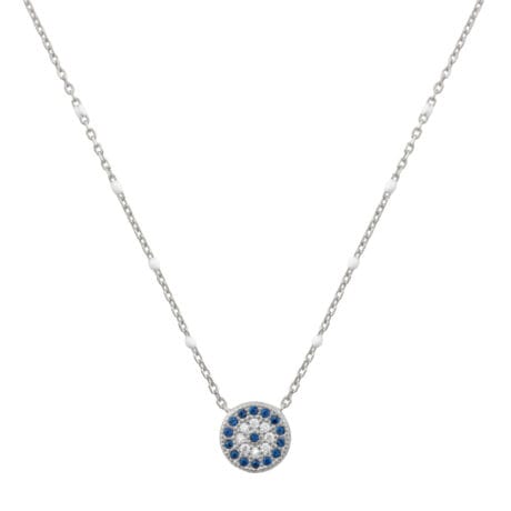 Blue and White Evil Eye Necklace with White Enamel Silver 925