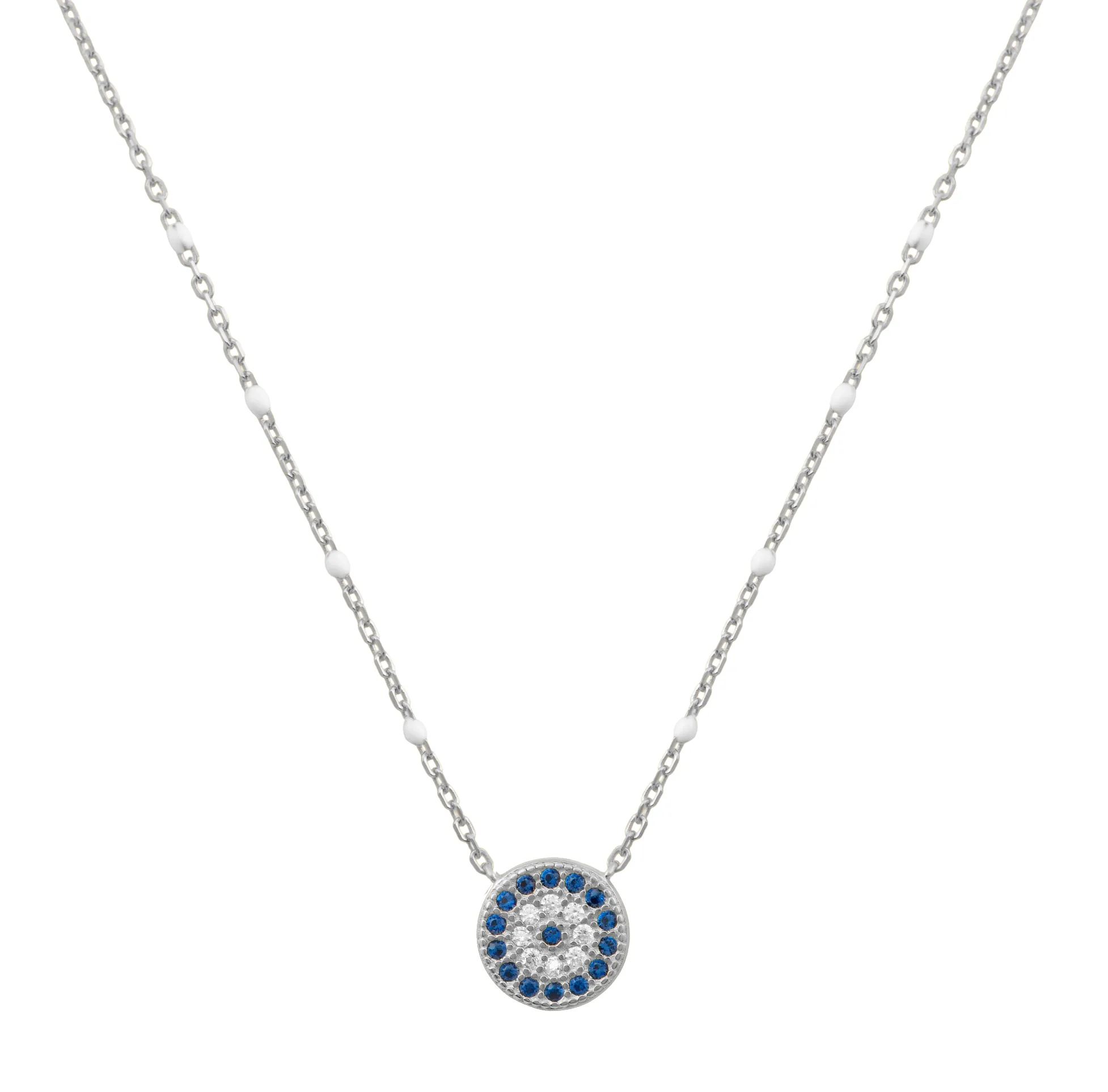 Blue and White Evil Eye Necklace with White Enamel Silver 925