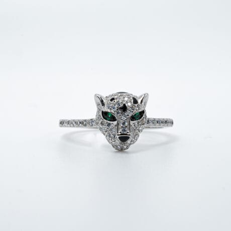 Panther Head Ring with Cubic Zirconia and Emerald Green Eyes Silver 925