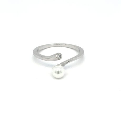 Freshwater Pearl Open Ring with Right-Side Cubic Zirconia Accent Silver 925