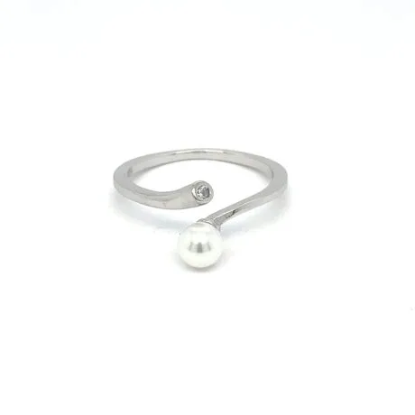 Freshwater Pearl Open Ring with Right-Side Cubic Zirconia Accent Silver 925