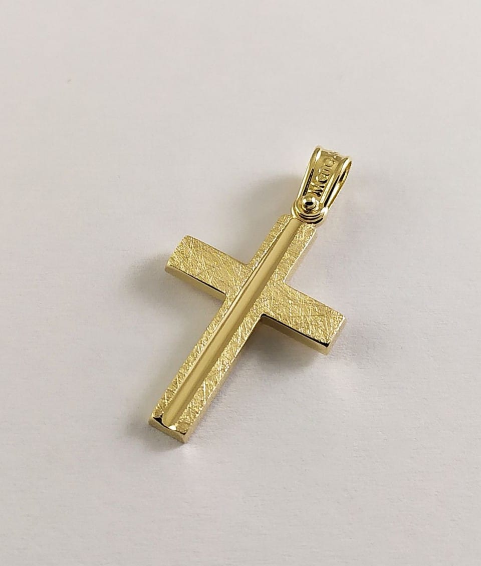 Double-Sided Ice Texture Cross Pendant with Baptism of Jesus 14K Gold