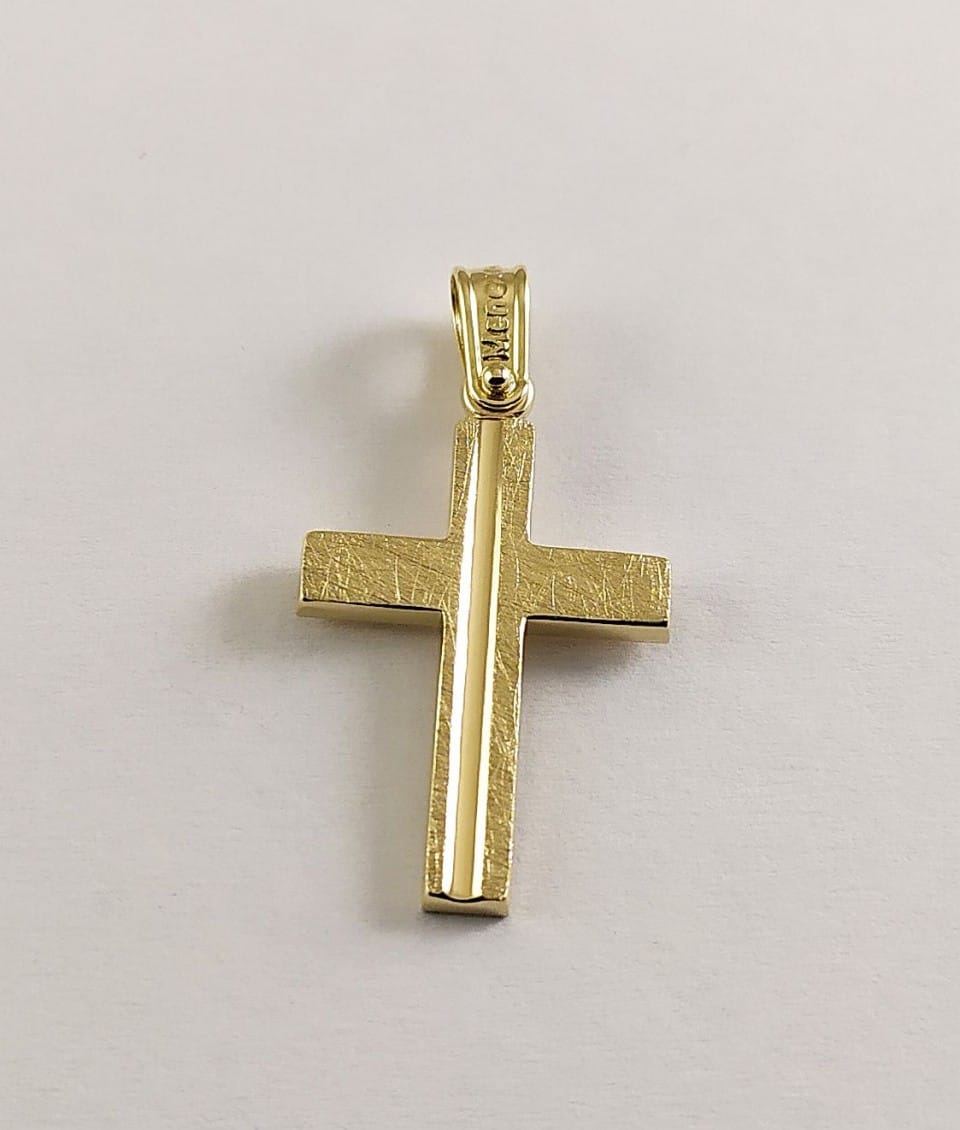 Double-Sided Ice Texture Cross Pendant with Baptism of Jesus 14K Gold
