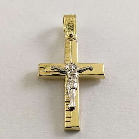 Two-Tone Crucifix Pendant with White Gold Jesus – Textured Religious Cross 14K Gold