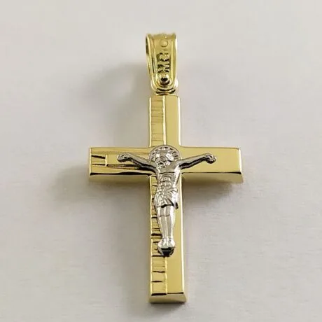 Two-Tone Crucifix Pendant with White Gold Jesus – Textured Religious Cross 14K Gold