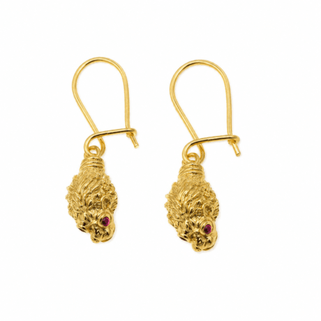 Lion Head Drop Earrings with Ruby Eyes Gold-plated Silver 925