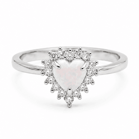 White Opal Heart Ring with Cubic Zirconia Halo Silver 925