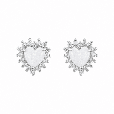 Heart Earrings with White Opal & Cubic Zirconia Halo Silver 925