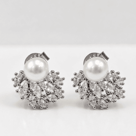 Freshwater Pearl & Cubic Zirconia Cluster Earrings Silver 925