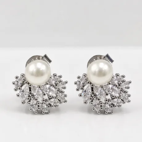 Freshwater Pearl & Cubic Zirconia Cluster Earrings Silver 925