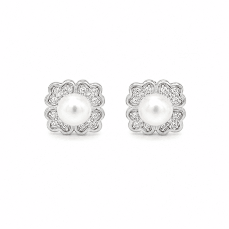 Freshwater Pearl Floral Stud Earrings with Pavé Petal Detail Silver 925