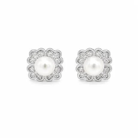 Freshwater Pearl Floral Stud Earrings with Pavé Petal Detail Silver 925
