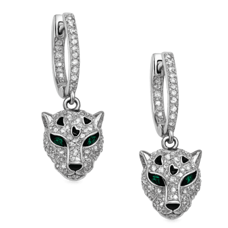 Panther Drop Hoop Earrings with Pavé Stones and Green Eye Accents Silver 925