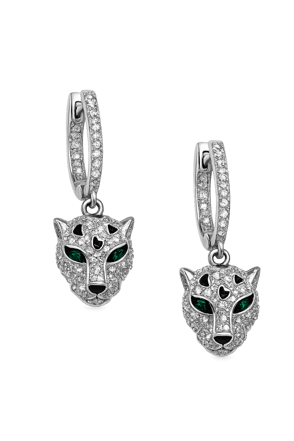 Panther Drop Hoop Earrings with Pavé Stones and Green Eye Accents Silver 925