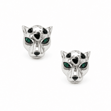 Panther Head Stud Earrings with Green Stones and Black Enamel Details Silver 925