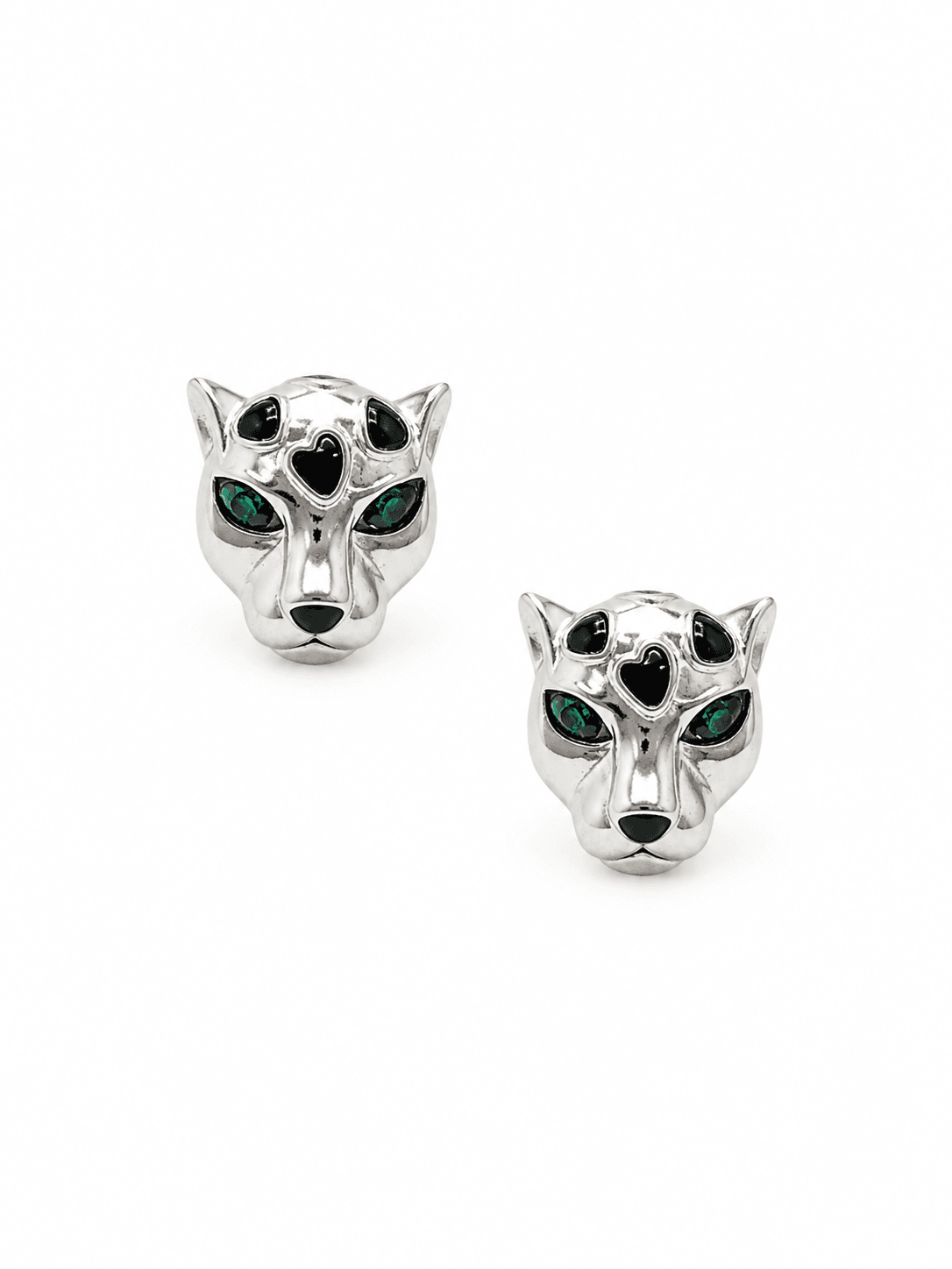 Panther Head Stud Earrings with Green Stones and Black Enamel Details Silver 925