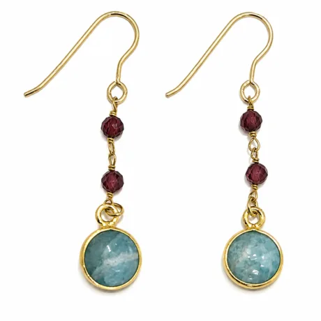 Amazonite Drop Earrings with Garnet Gold-Plated Silver 925