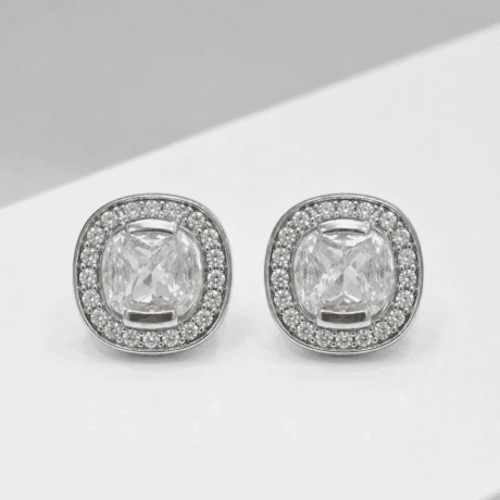 Cushion-Cut Stud Earrings with Pavé Halo Silver 925
