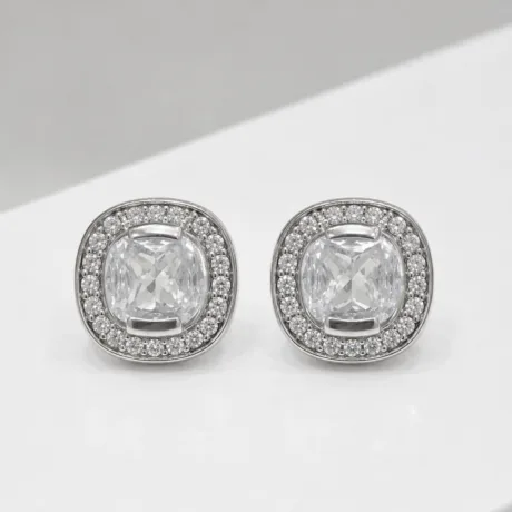 Cushion-Cut Stud Earrings with Pavé Halo Silver 925