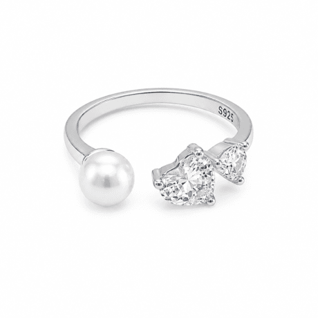 Double Heart Open Ring with Freshwater Pearl Silver 925