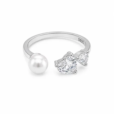 Double Heart Open Ring with Freshwater Pearl Silver 925