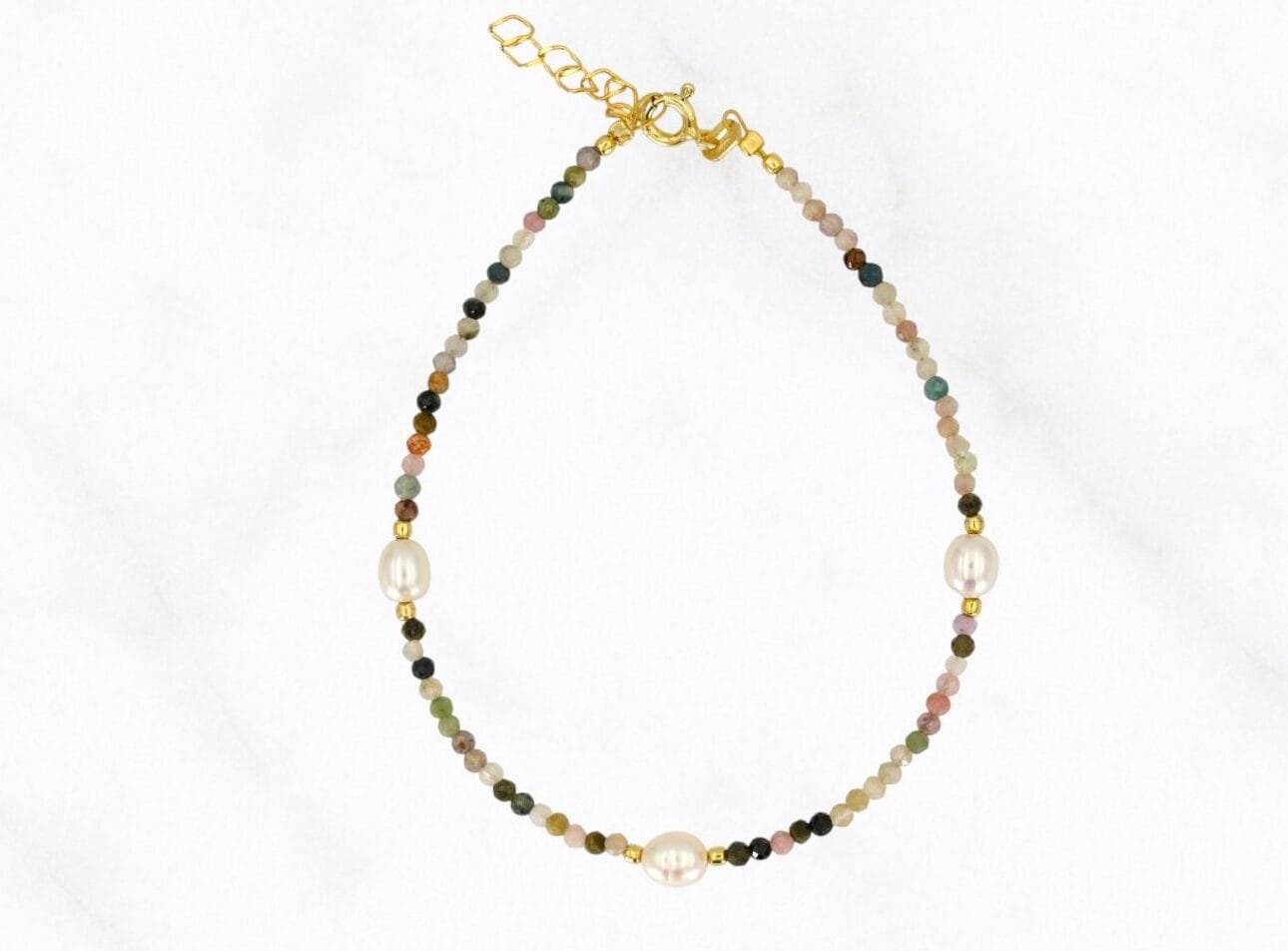 Multicolor Tourmaline Bracelet with Long Pearl Accents Gold-plated Silver 925