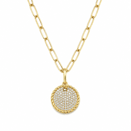 Pavé Disc Necklace with Paperclip Chain Gold-plated Silver 925
