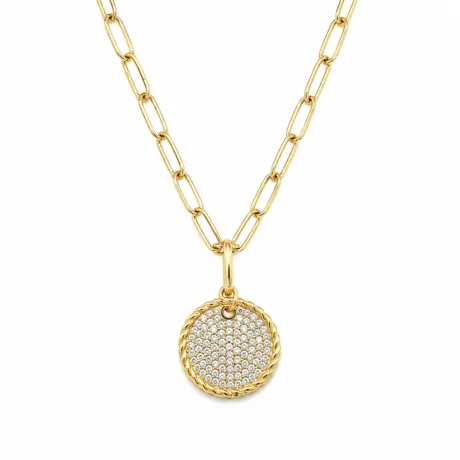 Pavé Disc Necklace with Paperclip Chain Gold-plated Silver 925