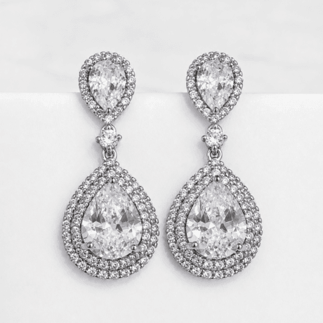 Teardrop Cubic Zirconia Drop Earrings with Double Halo Setting Silver 925