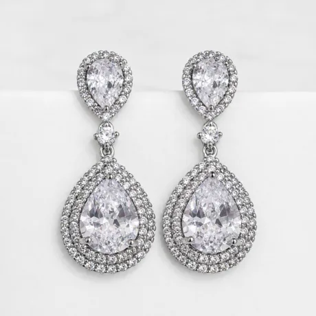 Teardrop Cubic Zirconia Drop Earrings with Double Halo Setting Silver 925