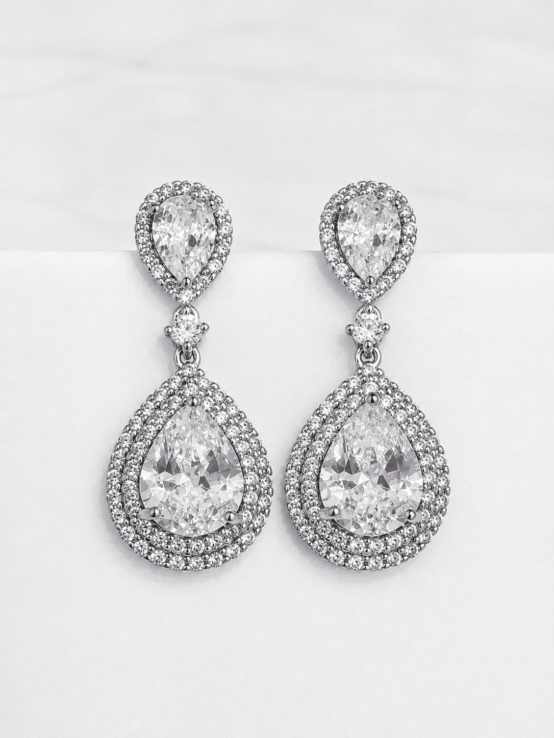 Teardrop Cubic Zirconia Drop Earrings with Double Halo Setting Silver 925