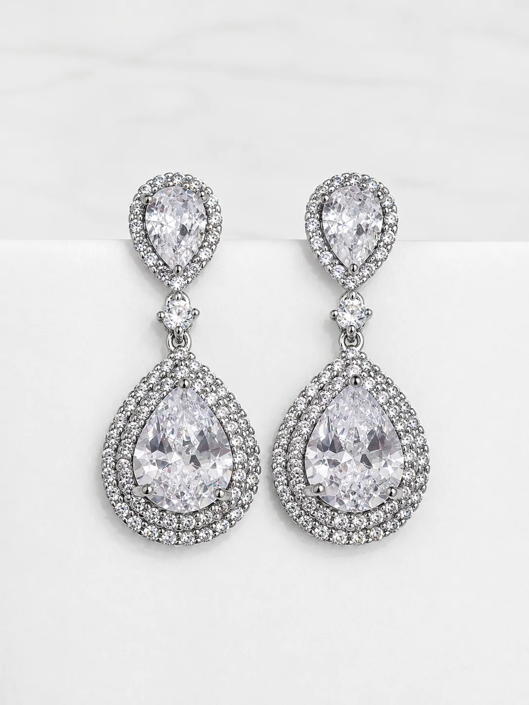 Teardrop Cubic Zirconia Drop Earrings with Double Halo Setting Silver 925